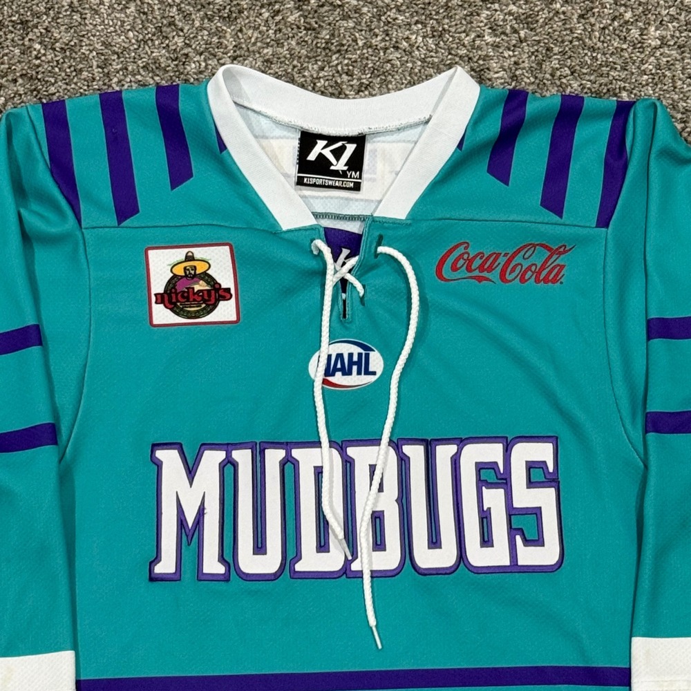 K1 Shreveport Mudbugs NAHL Hockey Jersey Teal Purple Coca-Cola Size Youth M